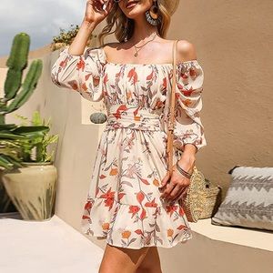 Exlura Lantern Sleeve Off the Shoulder Ruffled Tie Dress